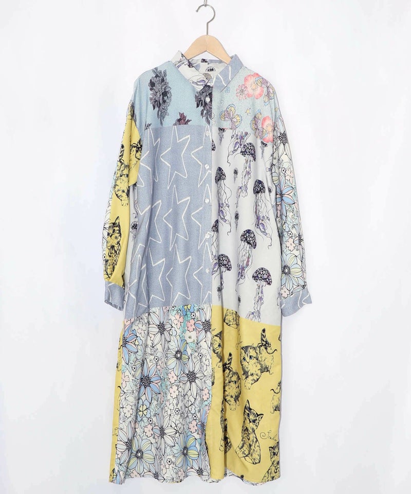 パッチワーク風総柄シャツワンピース-13