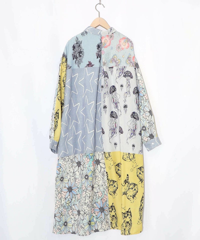 パッチワーク風総柄シャツワンピース-14