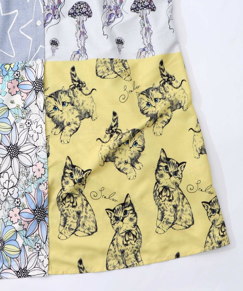 パッチワーク風総柄シャツワンピース-20