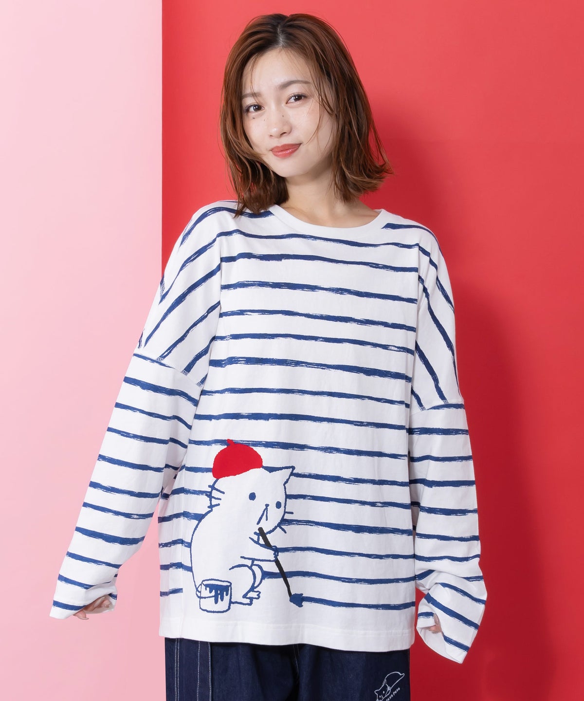 画家ネコボーダーTシャツ-1