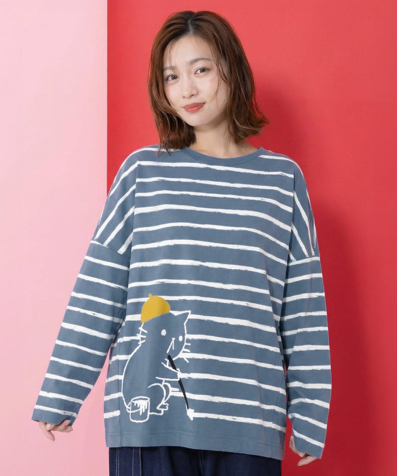 画家ネコボーダーTシャツ-1