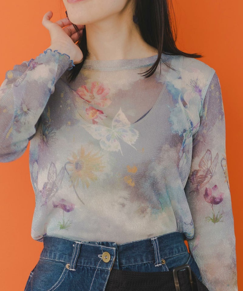 花蝶アート柄 ラメチュールロングスリーブTシャツ-3