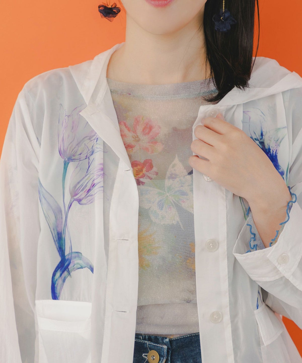 花蝶アート柄 ラメチュールロングスリーブTシャツ-5