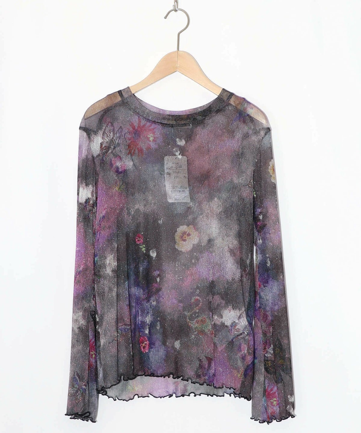 花蝶アート柄 ラメチュールロングスリーブTシャツ-6