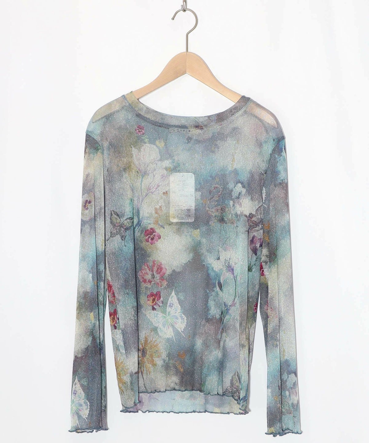 花蝶アート柄 ラメチュールロングスリーブTシャツ-8