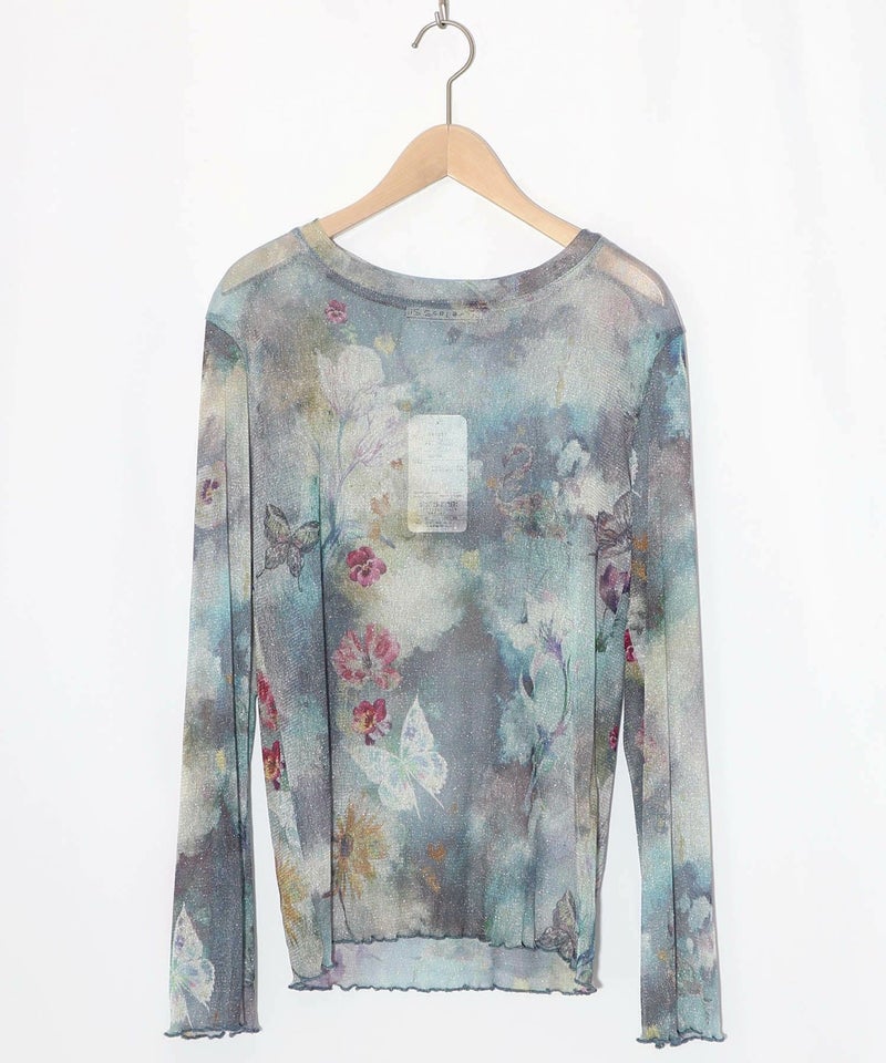 花蝶アート柄 ラメチュールロングスリーブTシャツ-8