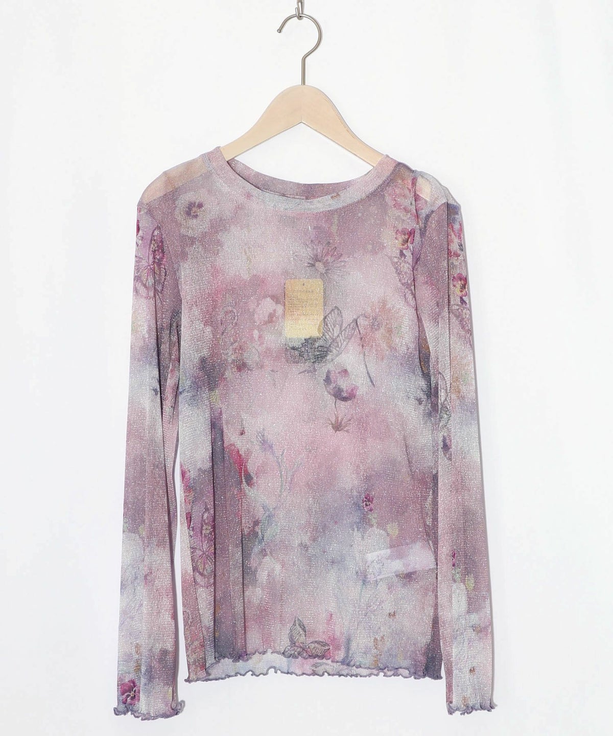 花蝶アート柄 ラメチュールロングスリーブTシャツ-10