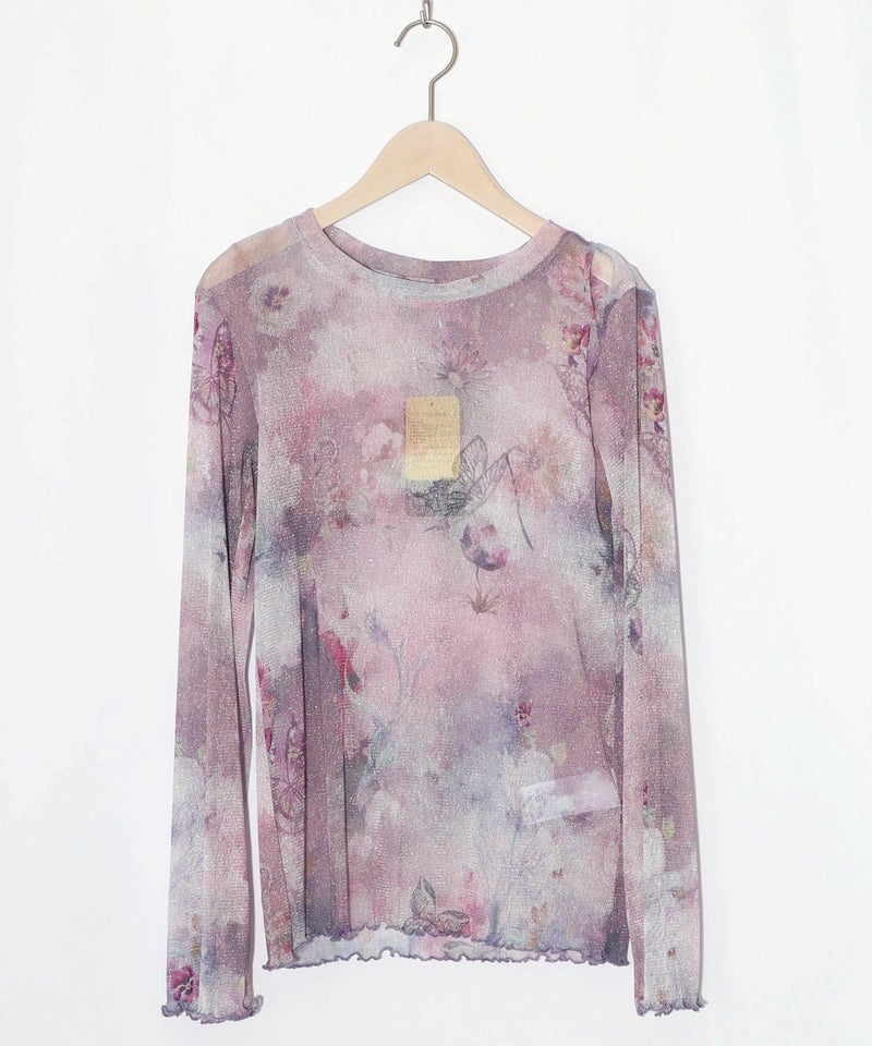 花蝶アート柄 ラメチュールロングスリーブTシャツ-10