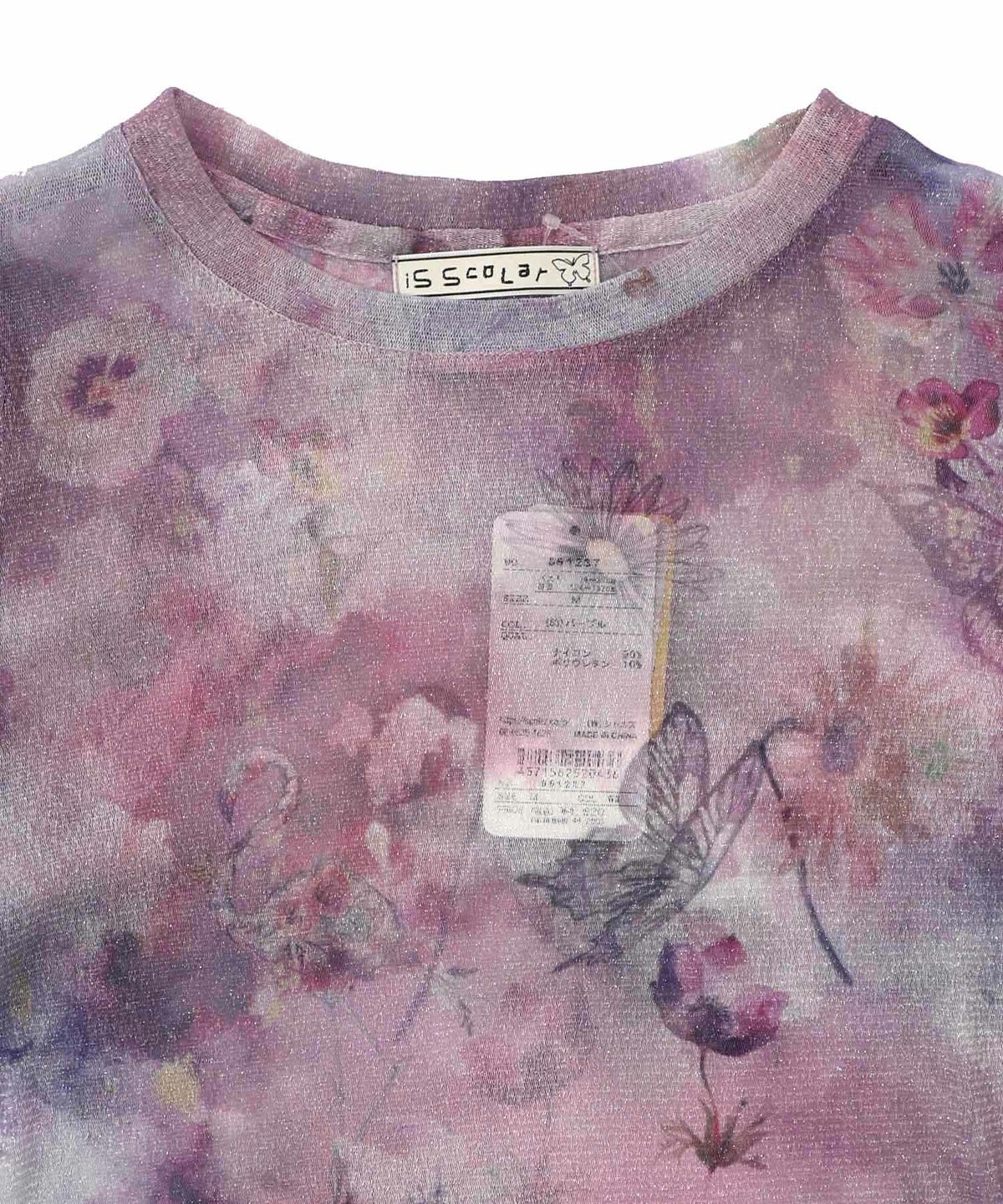 花蝶アート柄 ラメチュールロングスリーブTシャツ-12