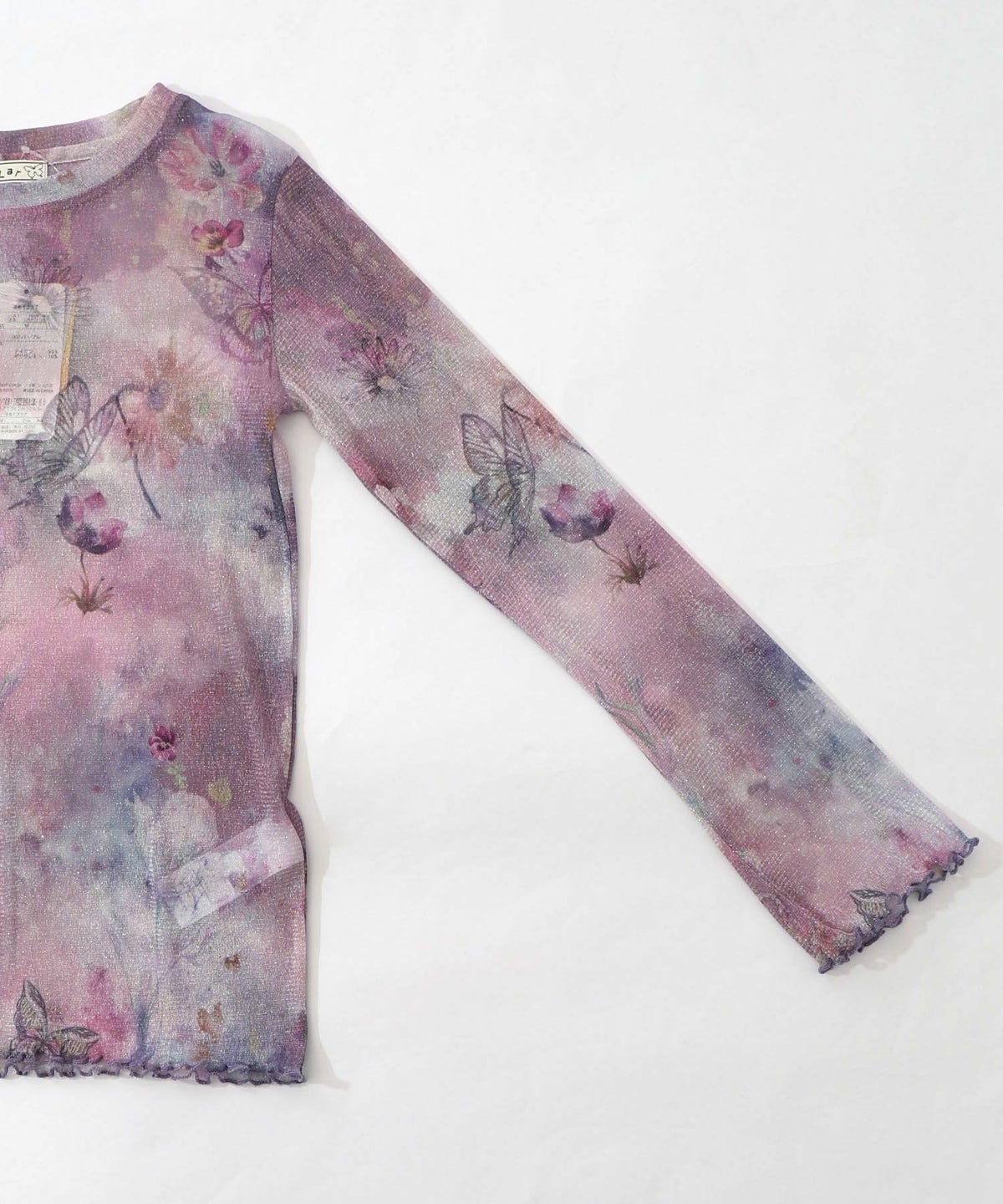 花蝶アート柄 ラメチュールロングスリーブTシャツ-13