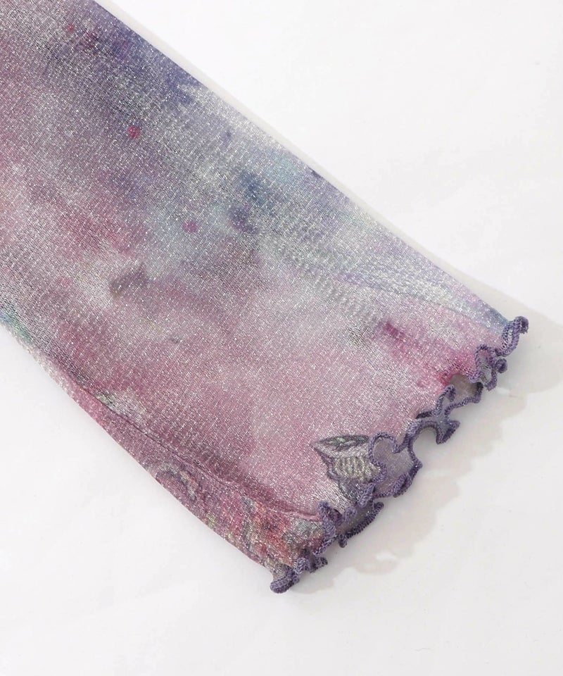 花蝶アート柄 ラメチュールロングスリーブTシャツ-14