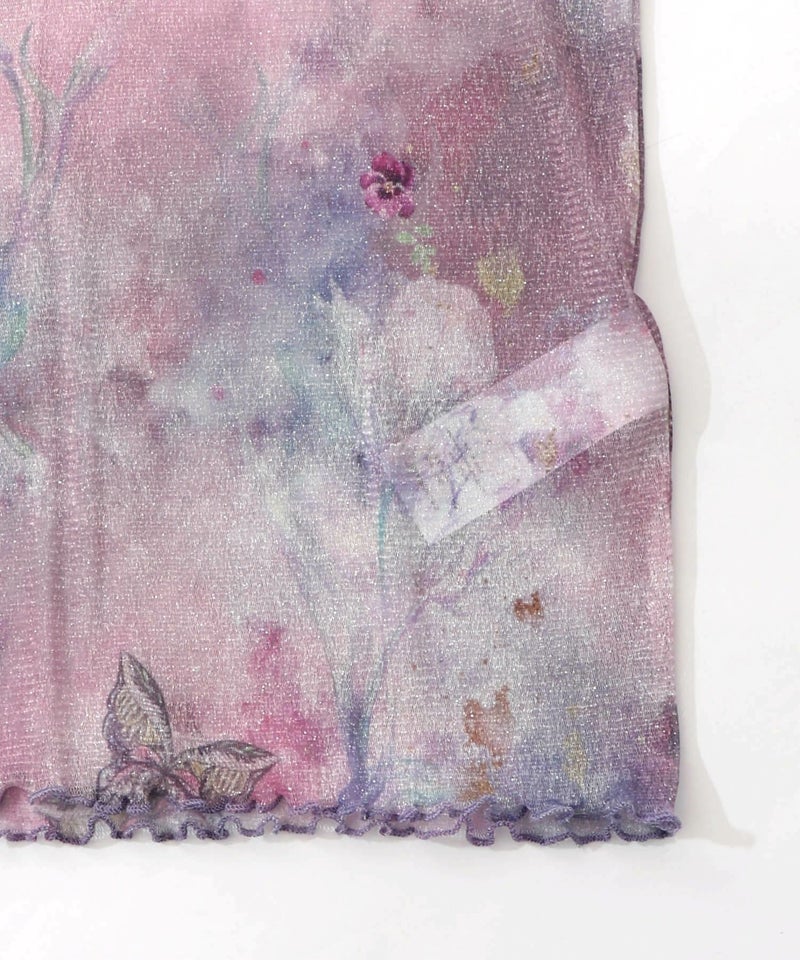 花蝶アート柄 ラメチュールロングスリーブTシャツ-15