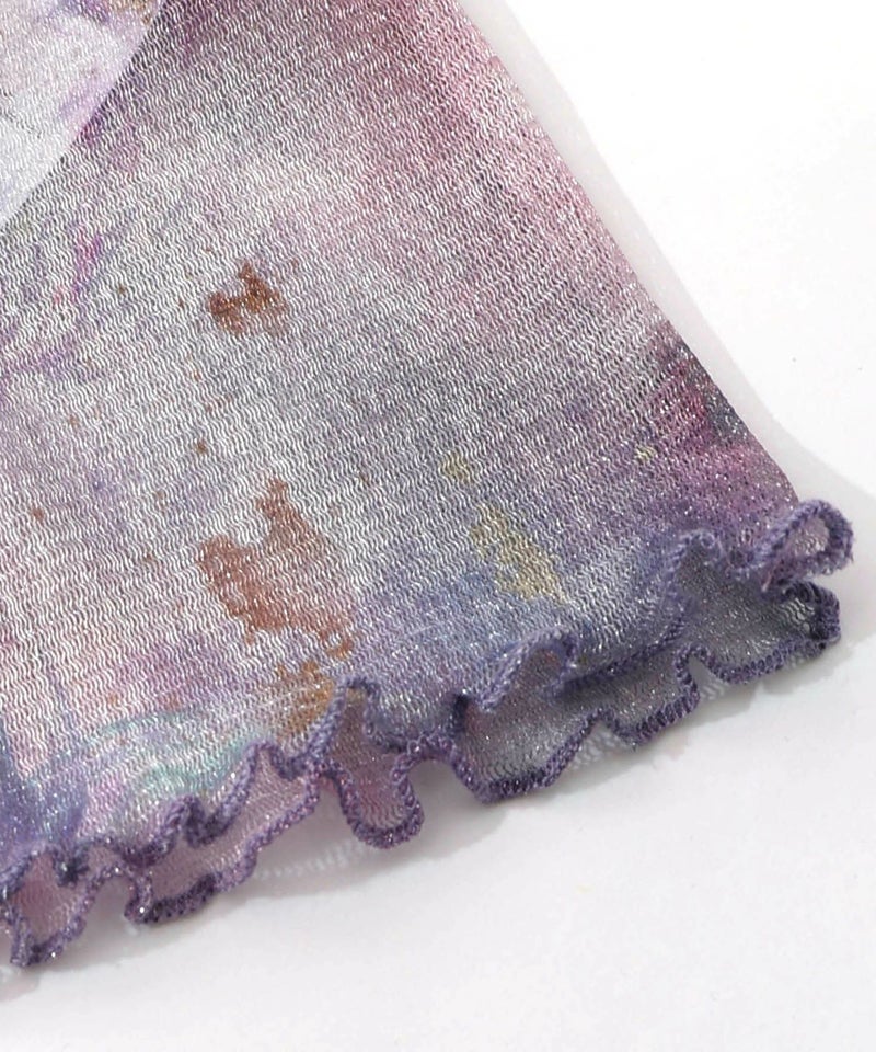 花蝶アート柄 ラメチュールロングスリーブTシャツ-16