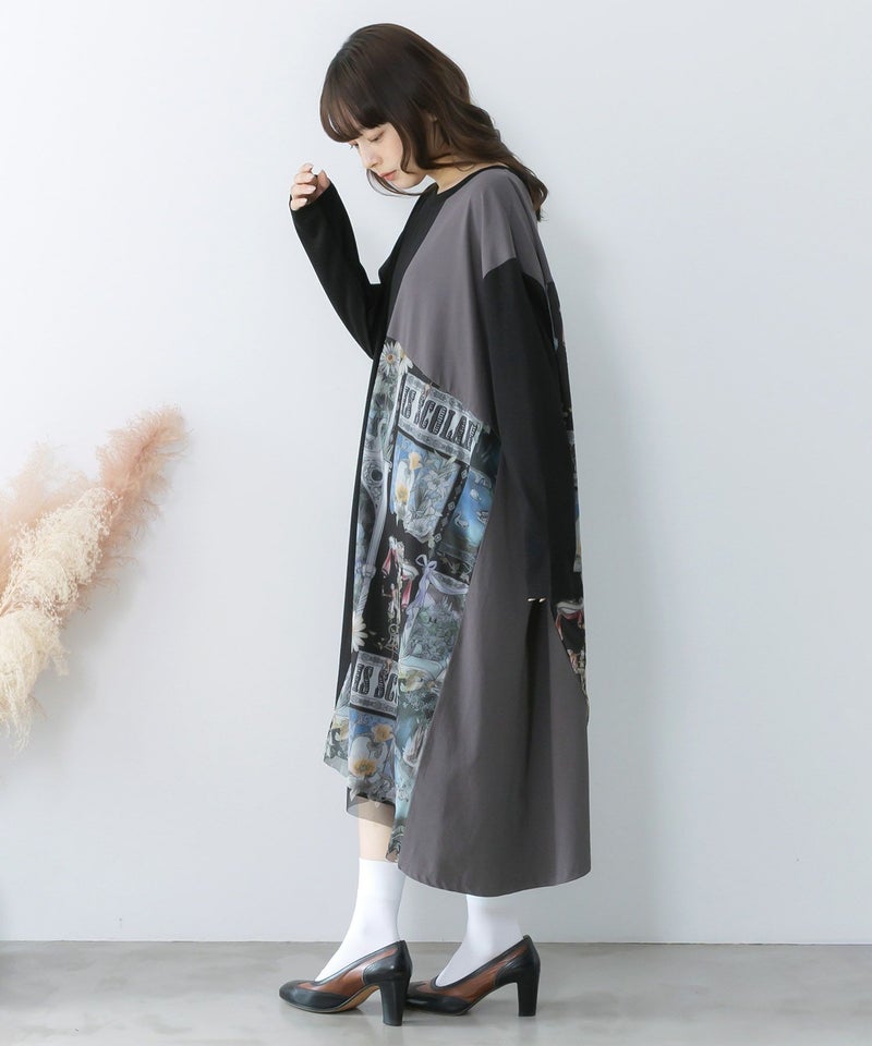 アンティークプリント柄切替ワンピース-4