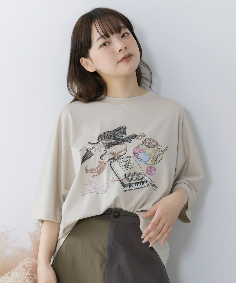 ネコ×作曲刺繍ポンチ生地半袖Tシャツ-1