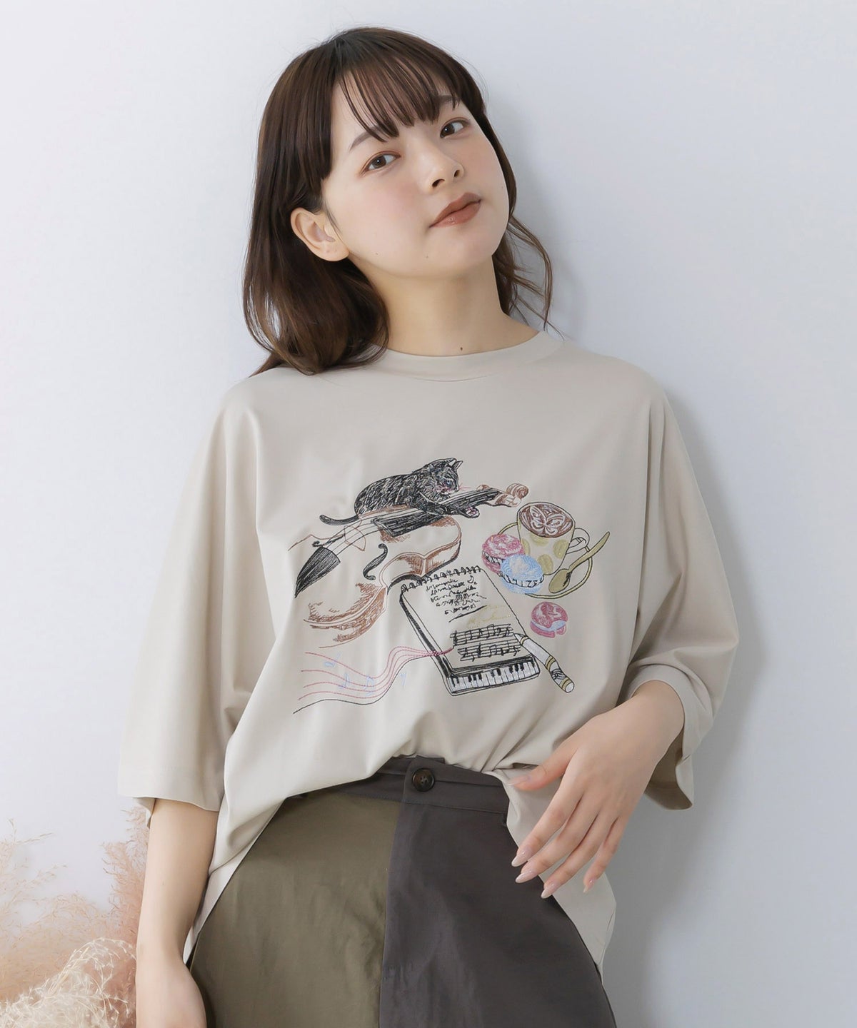 ネコ×作曲刺繍ポンチ生地半袖Tシャツ-3