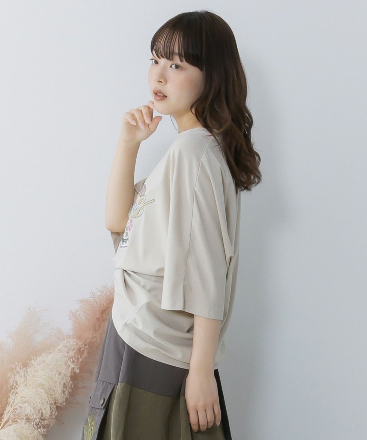 ネコ×作曲刺繍ポンチ生地半袖Tシャツ-4