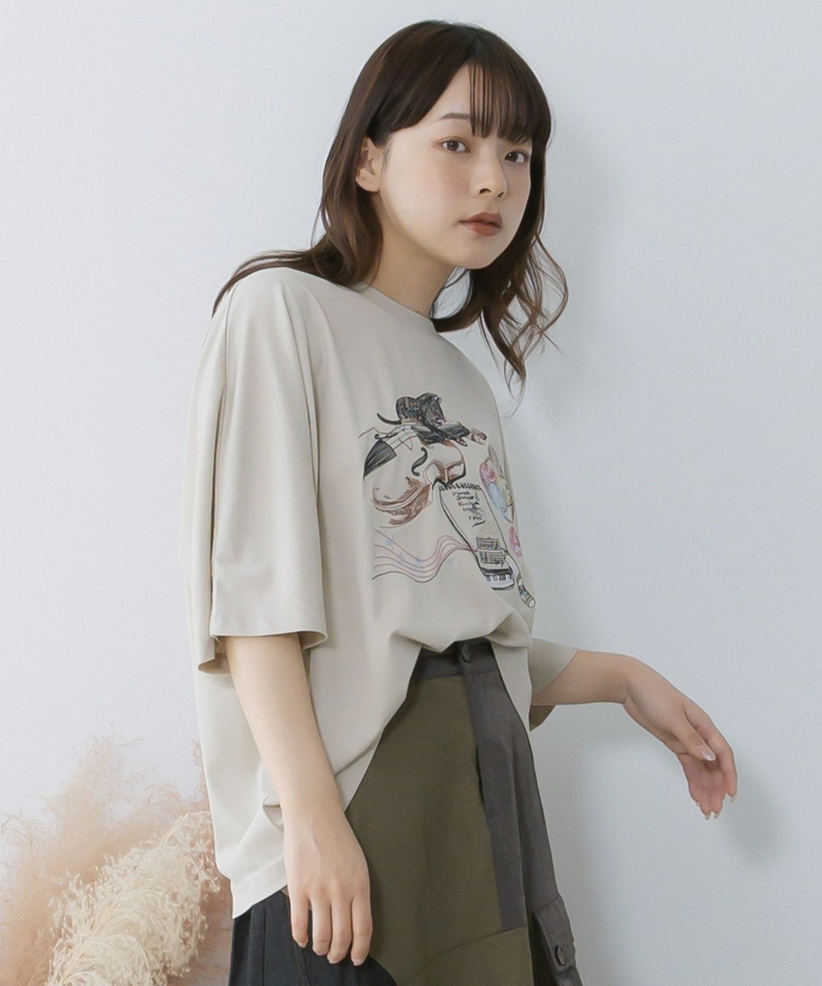 ネコ×作曲刺繍ポンチ生地半袖Tシャツ-6