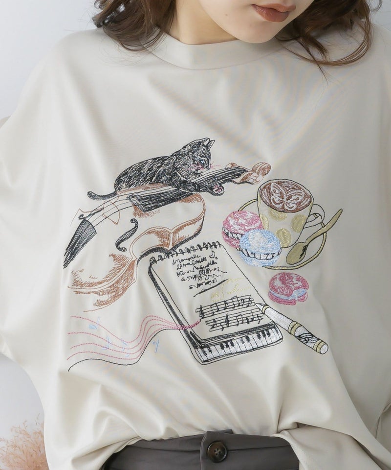 ネコ×作曲刺繍ポンチ生地半袖Tシャツ-7