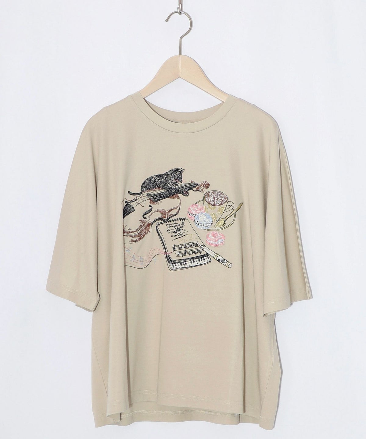 ネコ×作曲刺繍ポンチ生地半袖Tシャツ-8