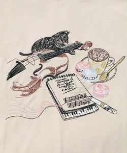 ネコ×作曲刺繍ポンチ生地半袖Tシャツ-9