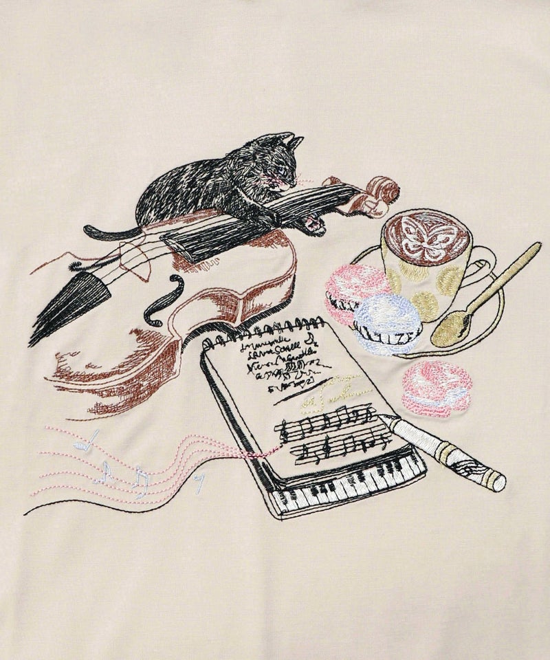 ネコ×作曲刺繍ポンチ生地半袖Tシャツ-9