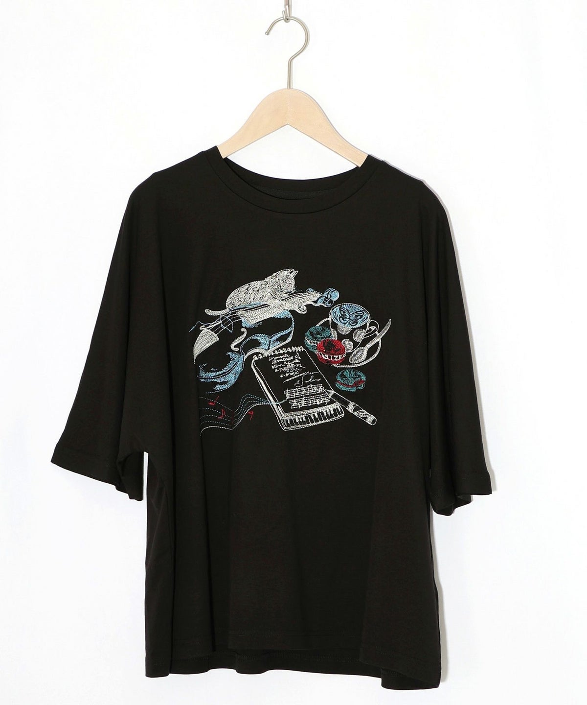 ネコ×作曲刺繍ポンチ生地半袖Tシャツ-10