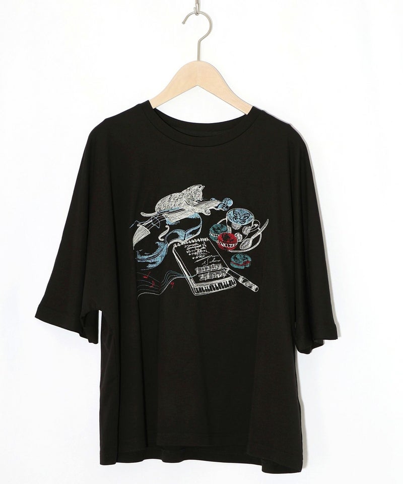 ネコ×作曲刺繍ポンチ生地半袖Tシャツ-10