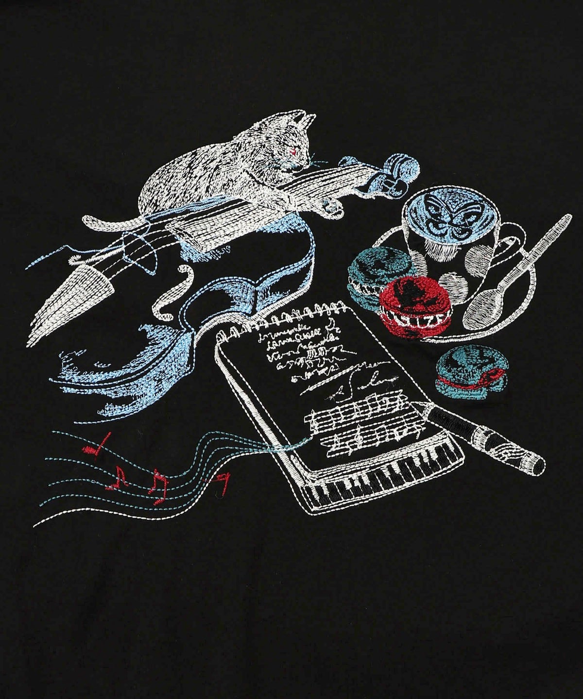 ネコ×作曲刺繍ポンチ生地半袖Tシャツ-11