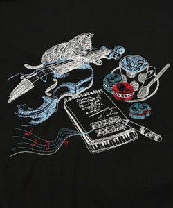 ネコ×作曲刺繍ポンチ生地半袖Tシャツ-11