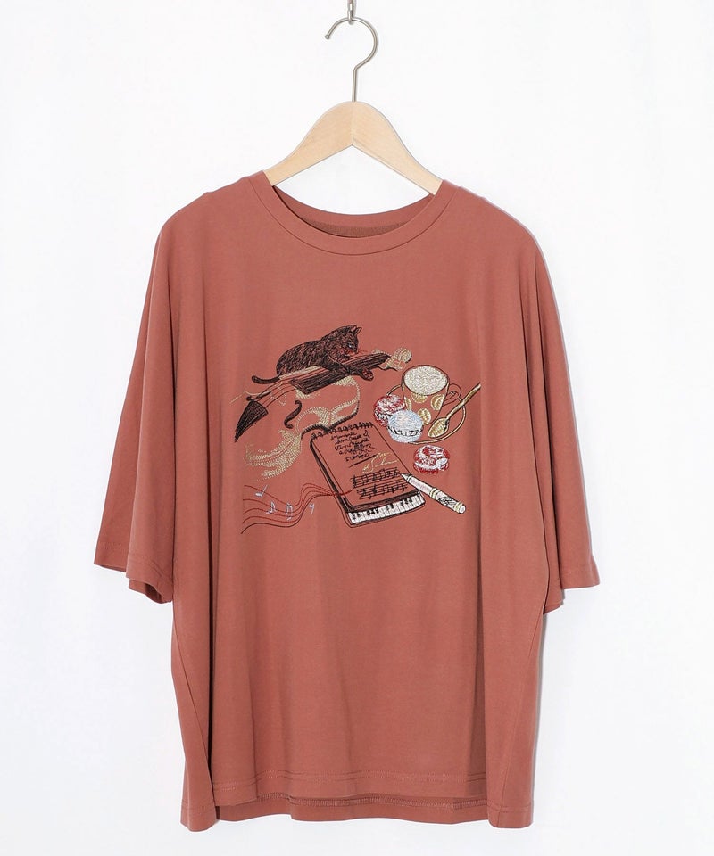 ネコ×作曲刺繍ポンチ生地半袖Tシャツ-12