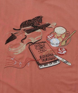 ネコ×作曲刺繍ポンチ生地半袖Tシャツ-13