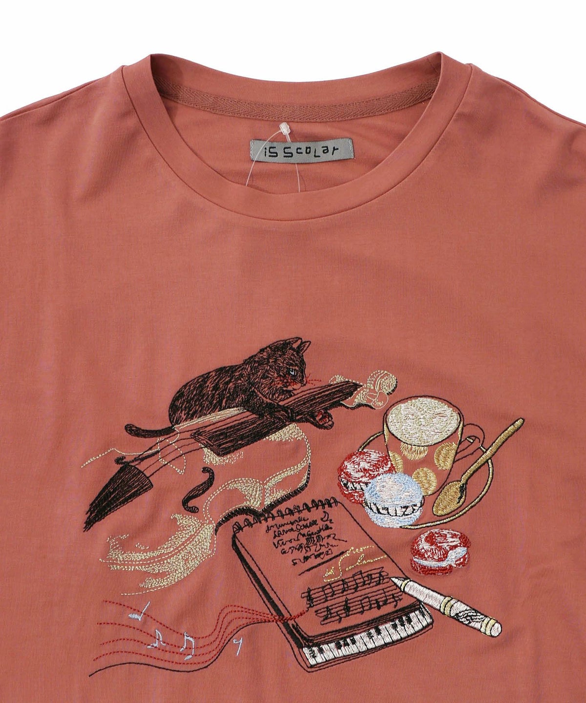 ネコ×作曲刺繍ポンチ生地半袖Tシャツ-14