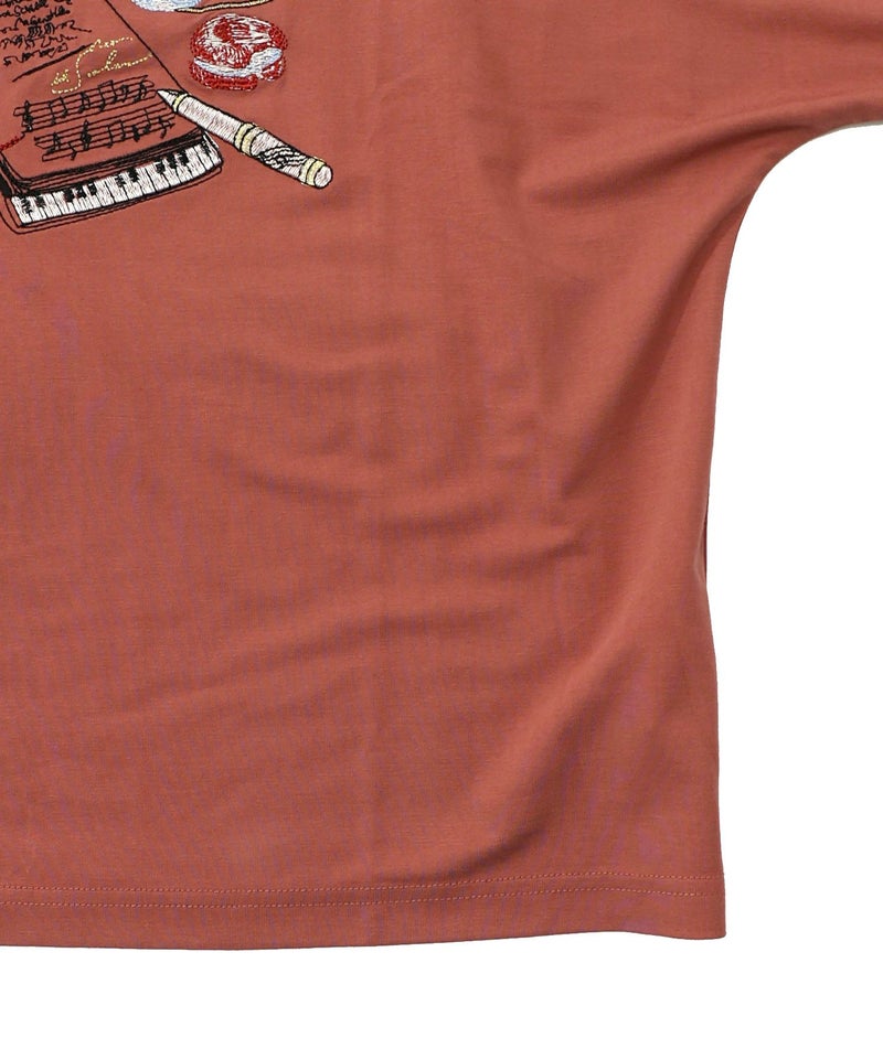 ネコ×作曲刺繍ポンチ生地半袖Tシャツ-16