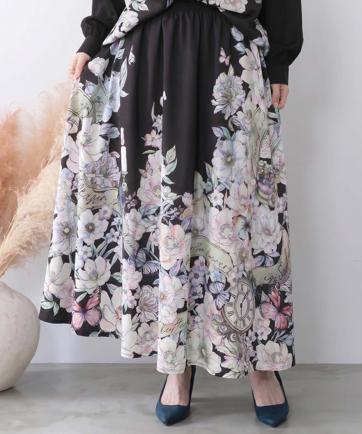 柄布帛×ラメ入りストライプ柄 リバーシブルスカート-1