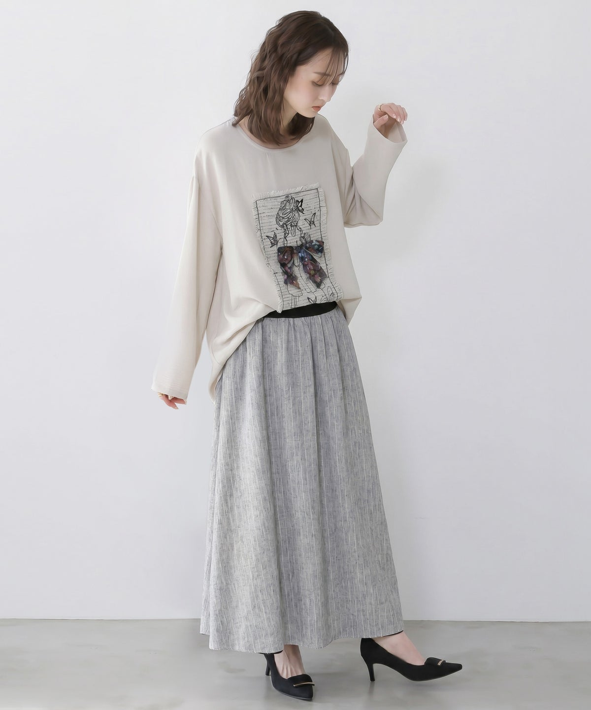 柄布帛×ラメ入りストライプ柄 リバーシブルスカート-2