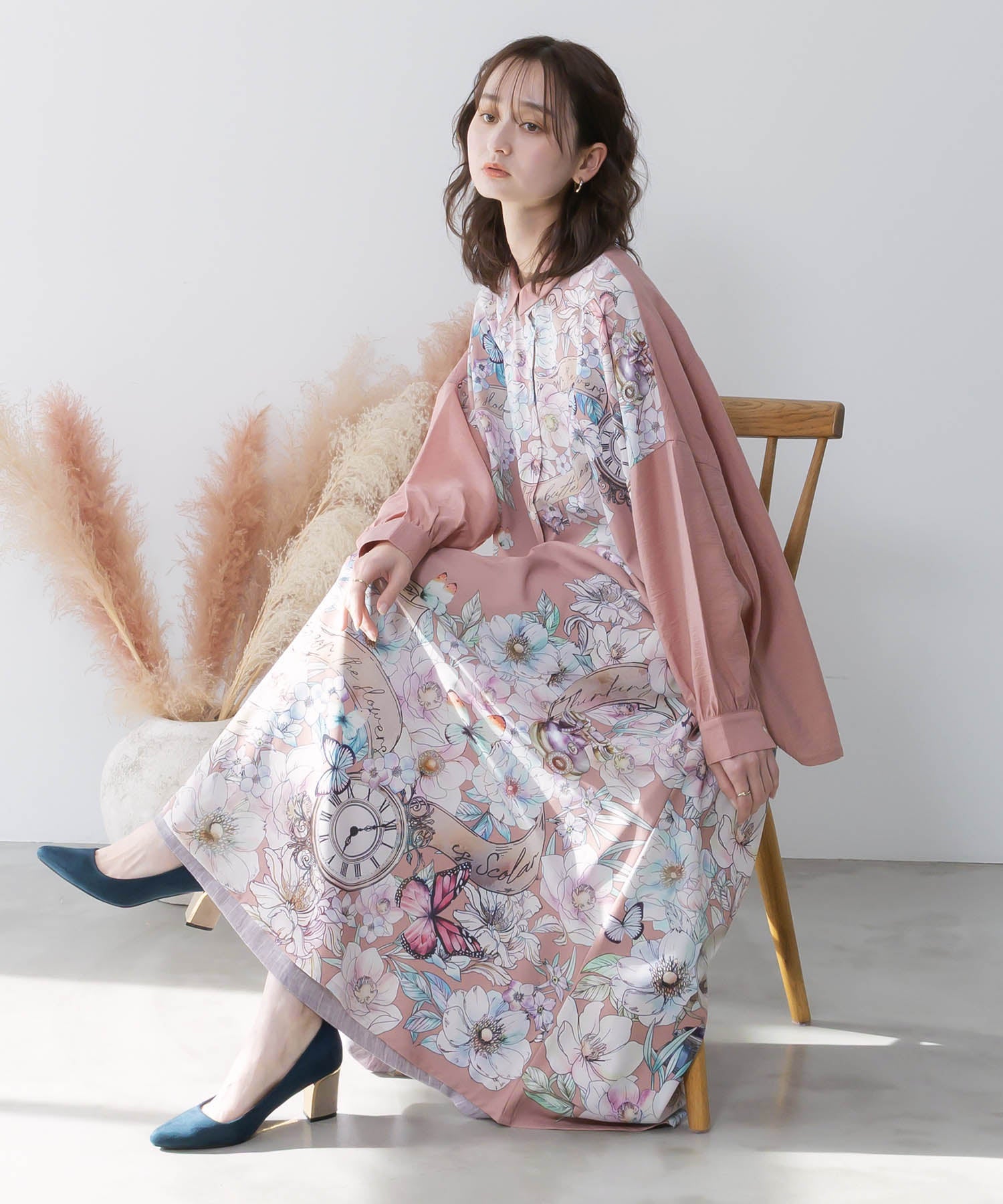 イズスカラー 花柄布帛×ラメ入りストライプ柄 リバーシブルスカート ピンク 561217：花柄布帛×ラメ入りストライプ柄 リバーシブルスカートの通販