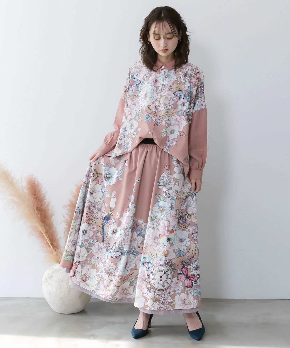 柄布帛×ラメ入りストライプ柄 リバーシブルスカート-3