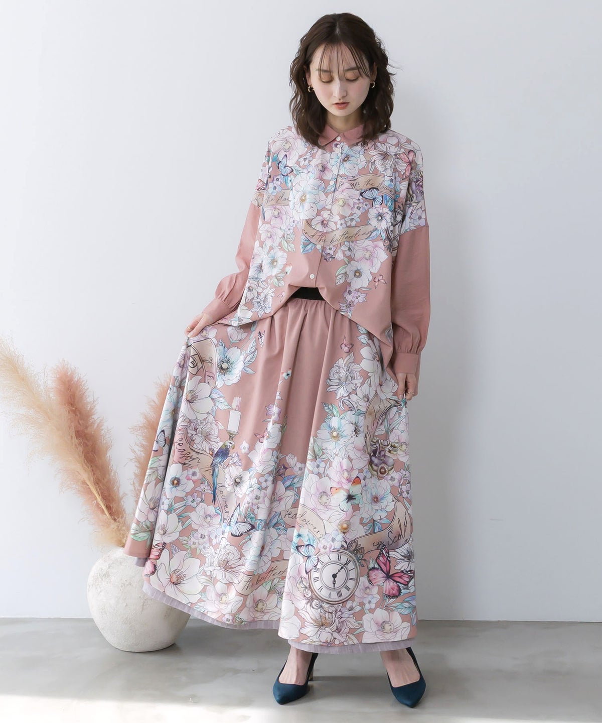 柄布帛×ラメ入りストライプ柄 リバーシブルスカート-4