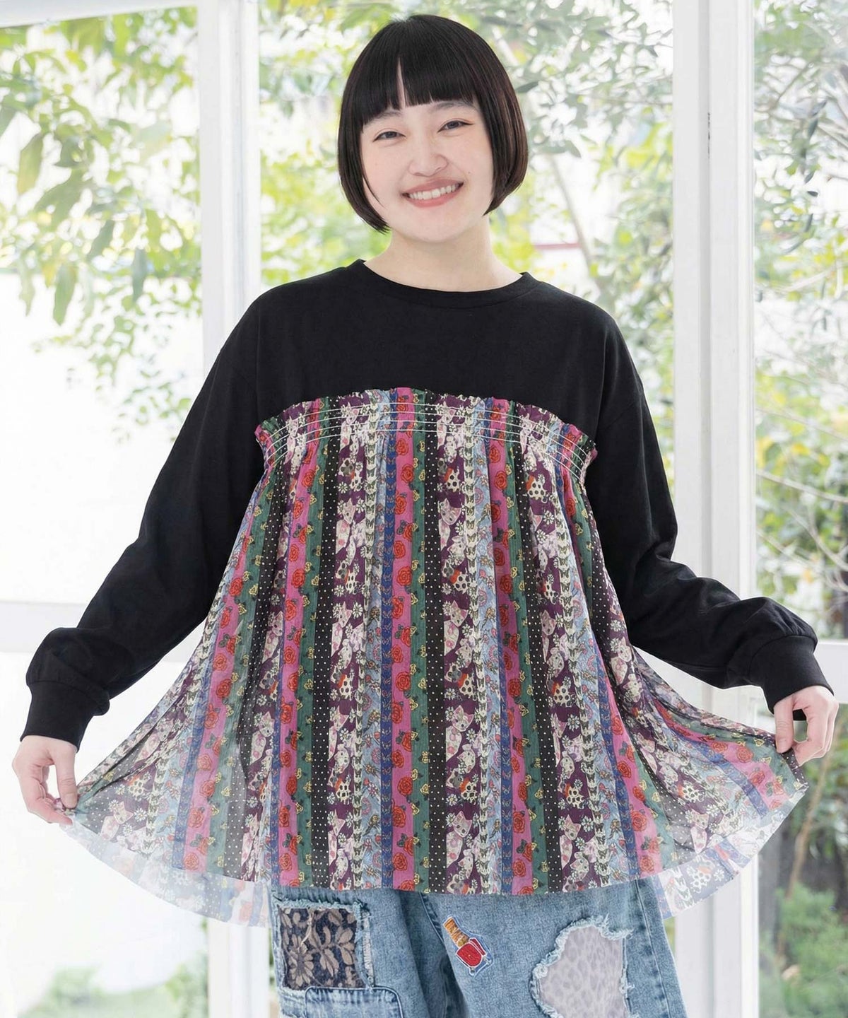 ストライプ総柄ソフトチュール切替プルオーバー-1