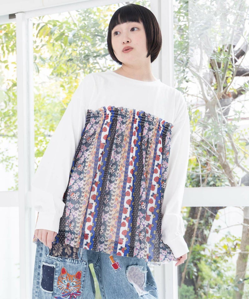 ストライプ総柄ソフトチュール切替プルオーバー-2