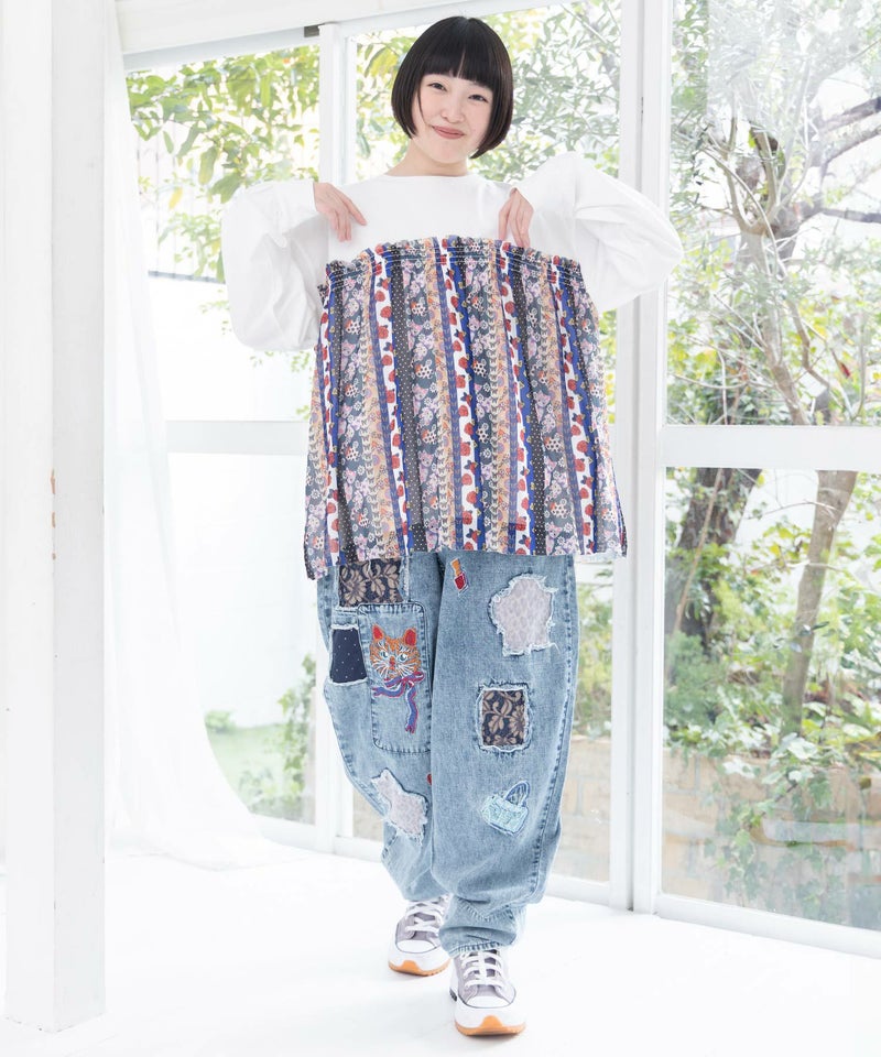 ストライプ総柄ソフトチュール切替プルオーバー-3