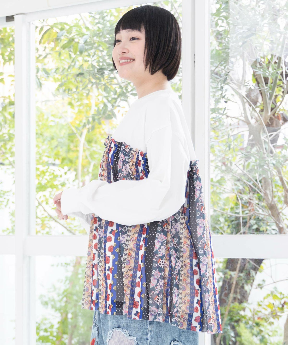 ストライプ総柄ソフトチュール切替プルオーバー-5