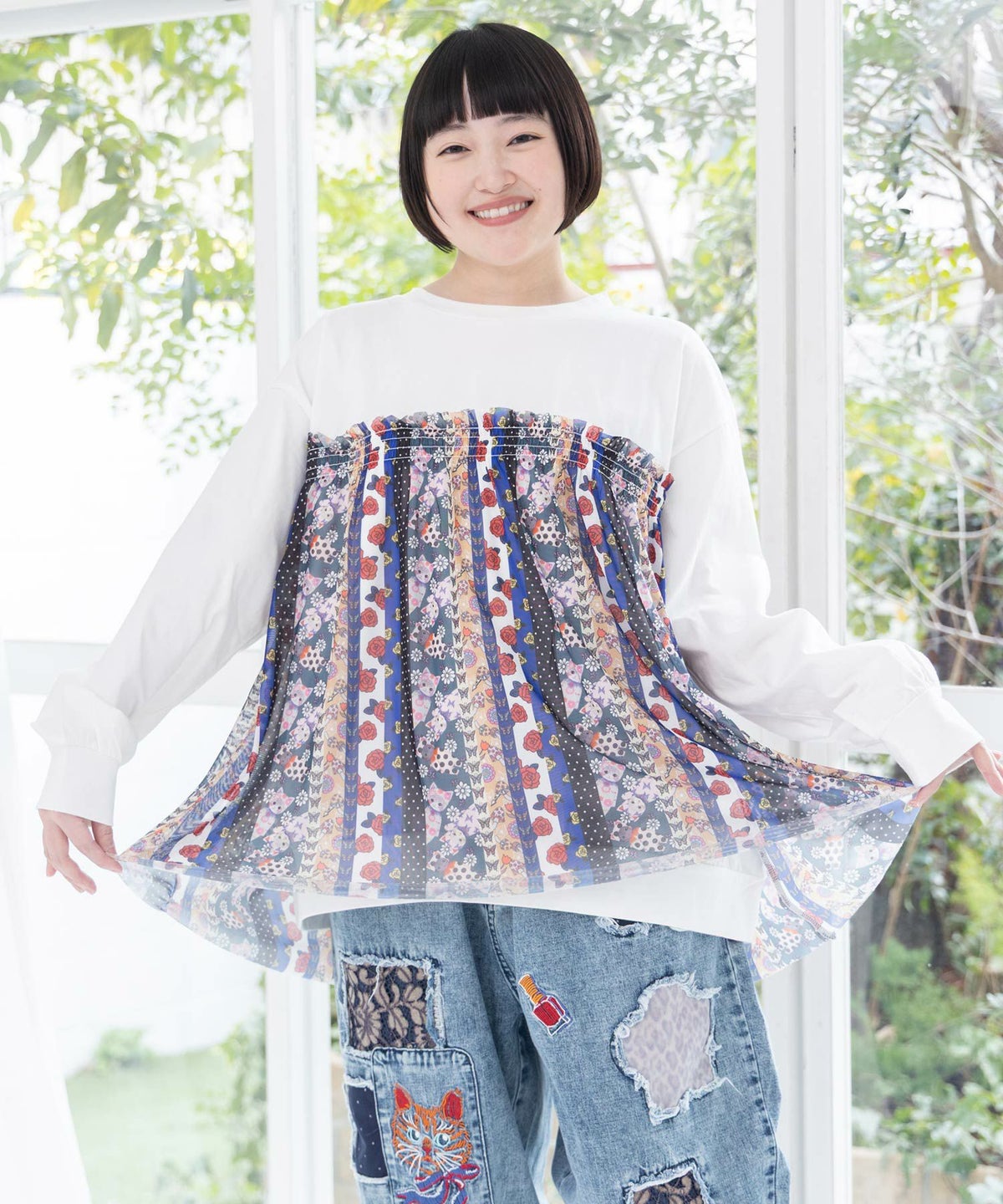 ストライプ総柄ソフトチュール切替プルオーバー-7