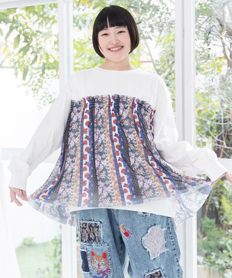 ストライプ総柄ソフトチュール切替プルオーバー-7