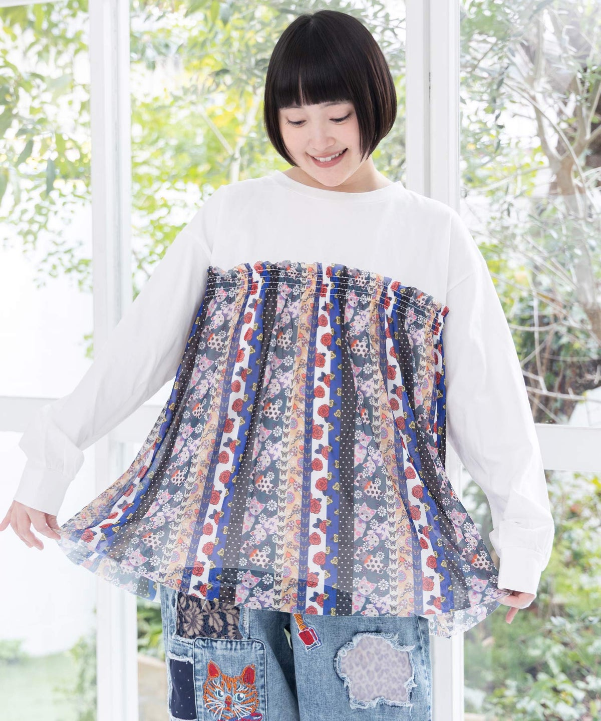 ストライプ総柄ソフトチュール切替プルオーバー-7