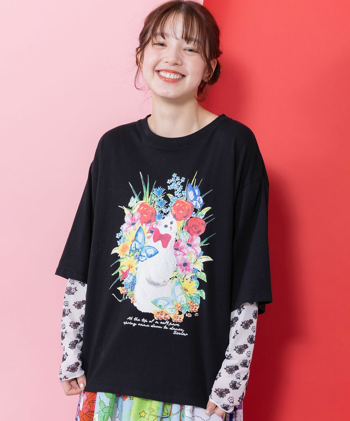 花ネコ柄チュール切替ロングスリーブTシャツ-3