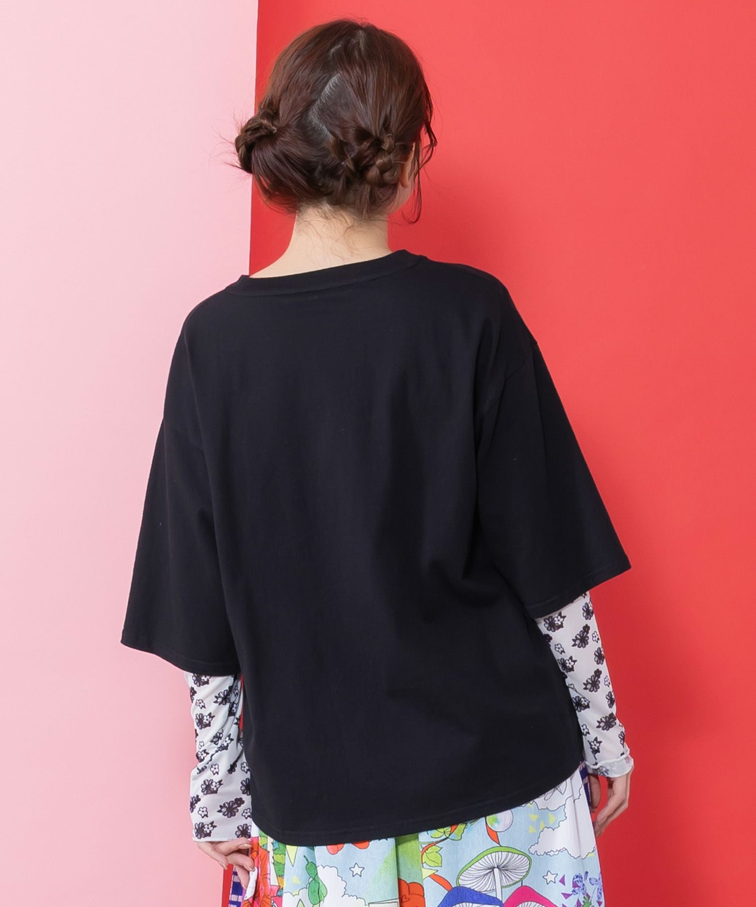 161635：花ネコ柄チュール切替ロングスリーブTシャツの通販-ScoLar