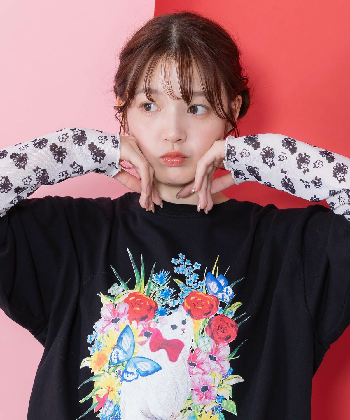 花ネコ柄チュール切替ロングスリーブTシャツ-7