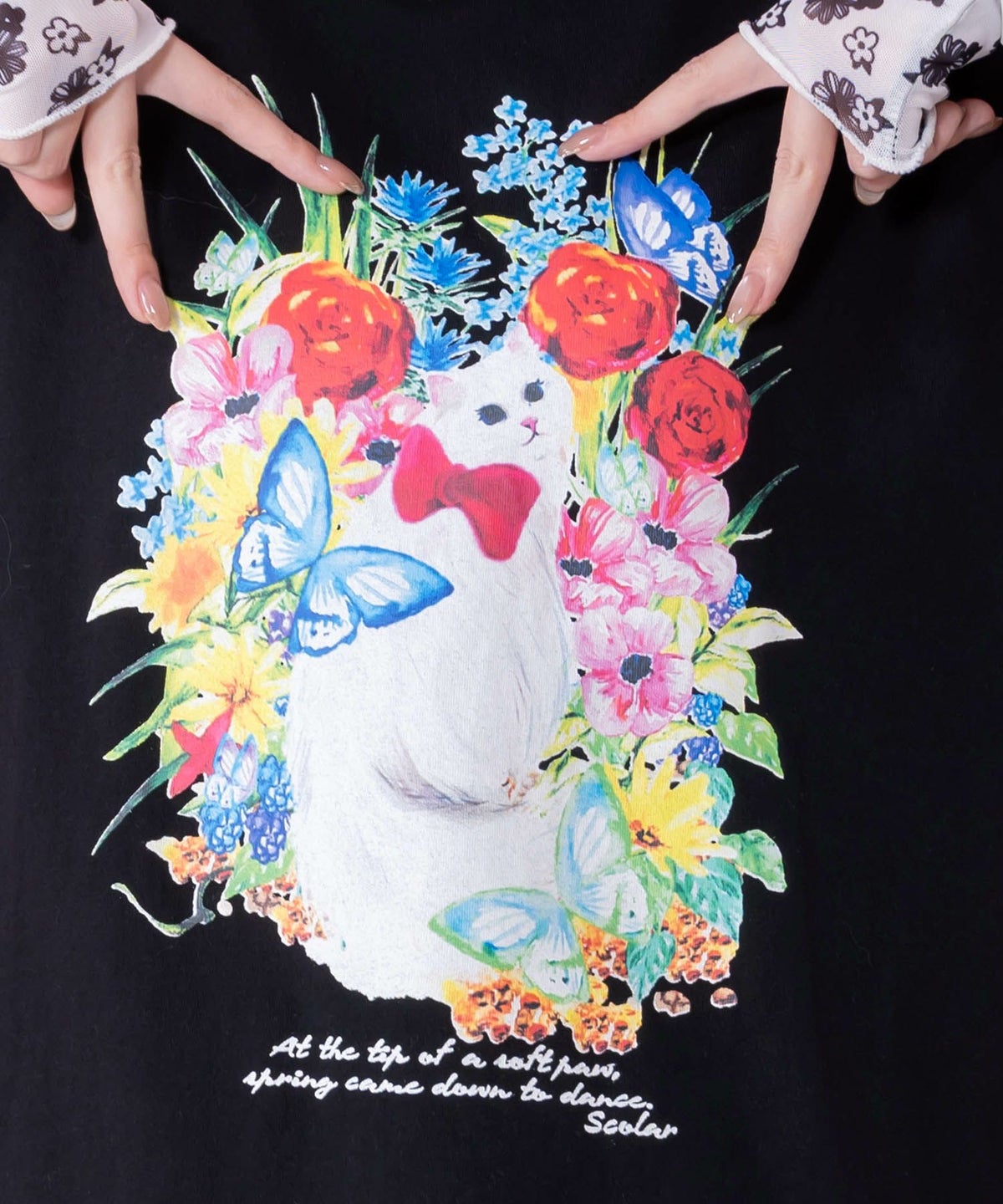 花ネコ柄チュール切替ロングスリーブTシャツ-9